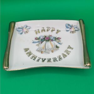 Vintage Lefton Happy Anniversary Trinket Dish 8x6 Japan Stamped #5510 w/Sticker